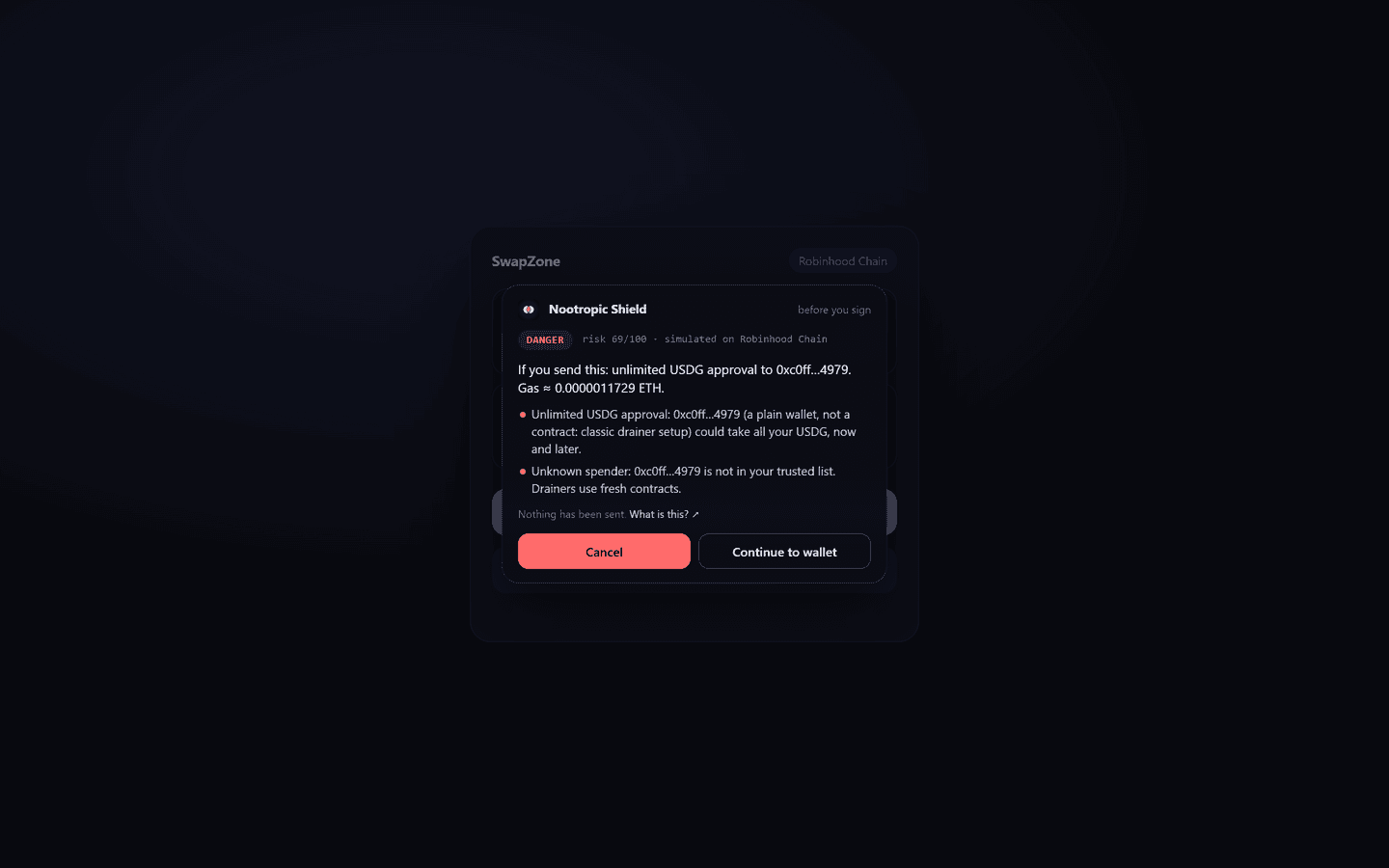 Shield dialog warning about an unlimited USDG approval to a plain wallet