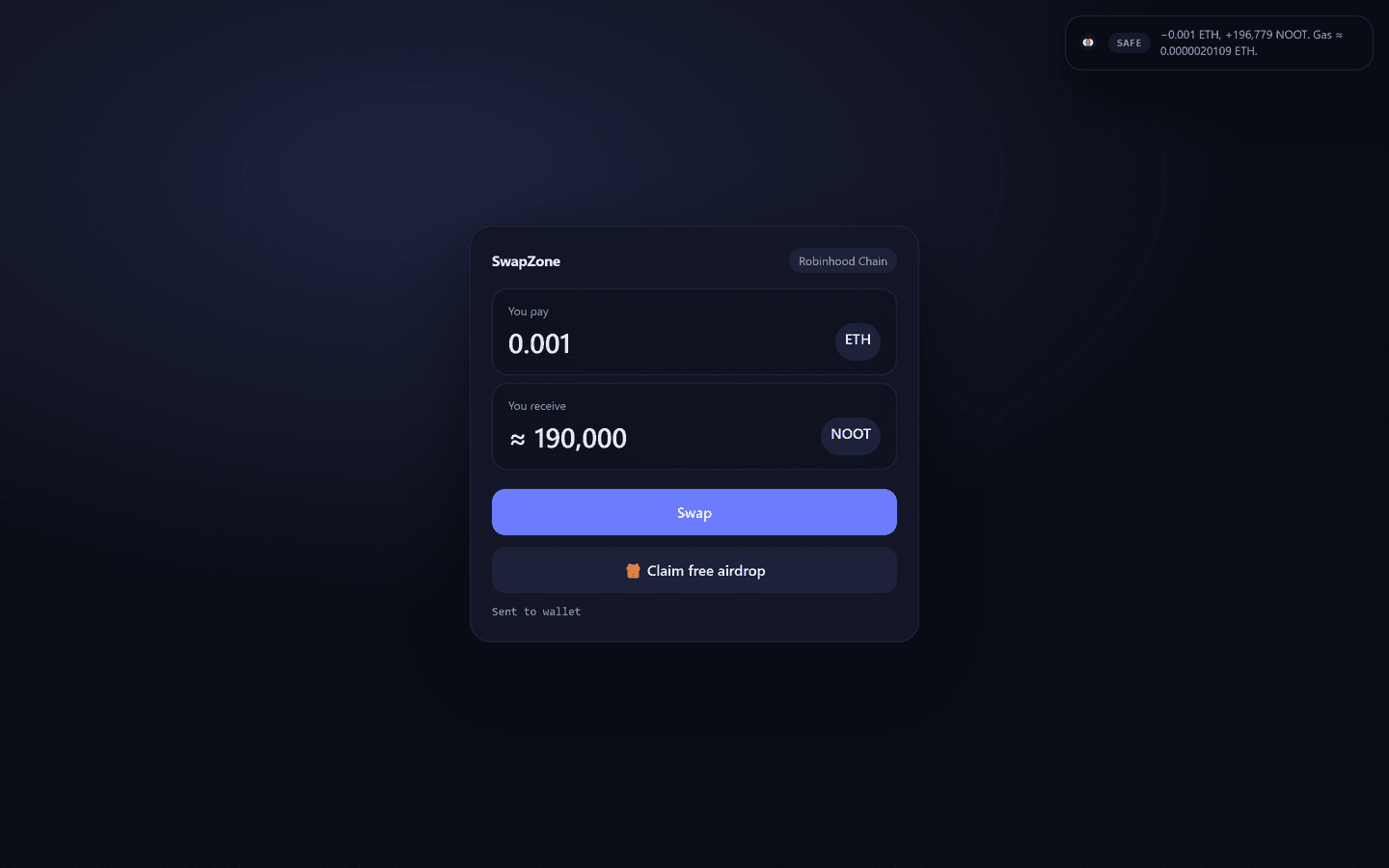Shield toast showing a safe transaction: minus 0.001 ETH, plus NOOT